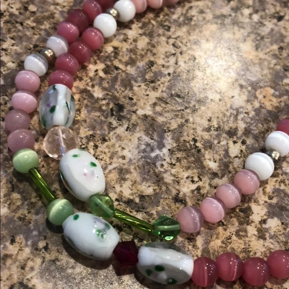 Handmade Summer Necklace - Pink, Green & White - Picture 6 of 6